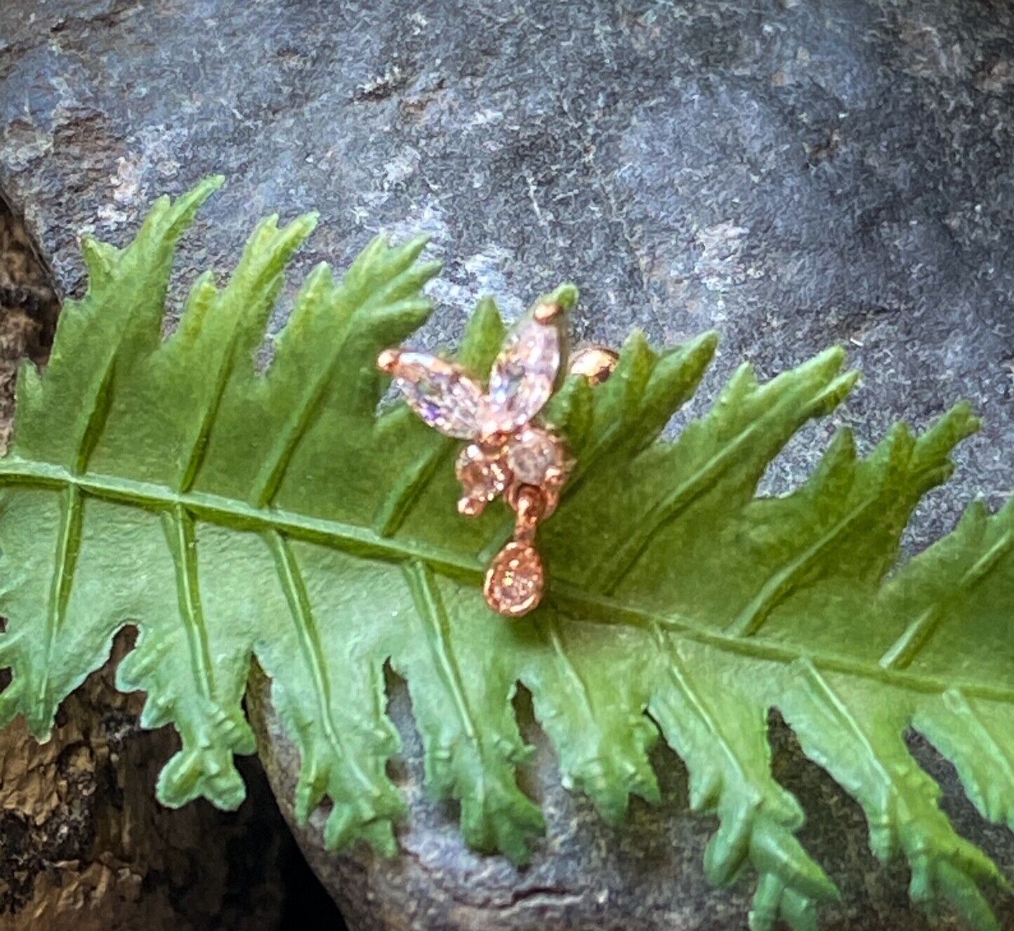 1pc CZ Gem Butterfly w/ Tear Drop Tragus Helix Cartilage Barbell Ring 16g 1/4" (Color: Rose Gold)