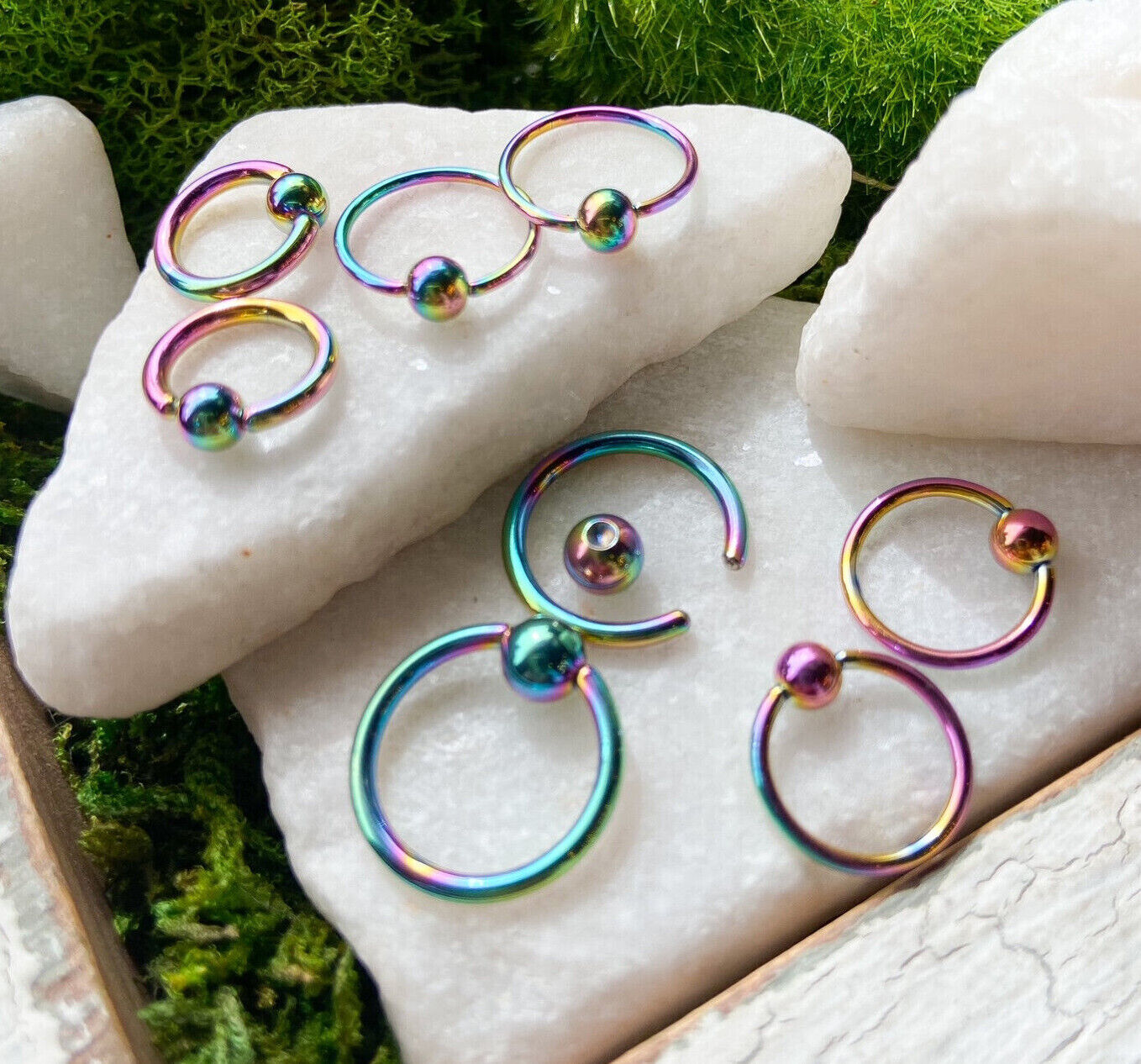 PAIR Rainbow Captive Bead Rings CBR's Nipple, Septum, Helix, Tragus Piercings