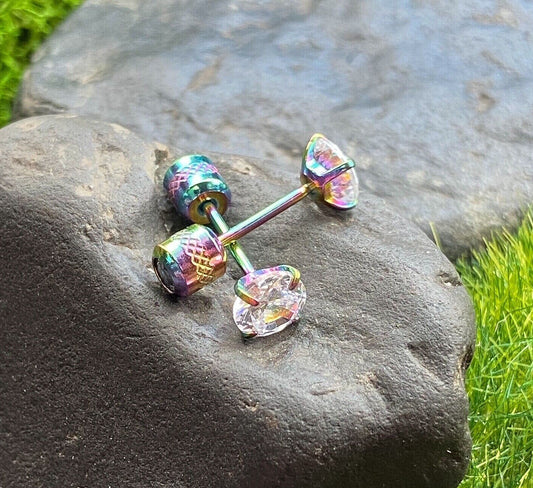 PAIR Prong Set CZ Gem Stud Rainbow Earrings w/ Gem Centered Screw Back Steel