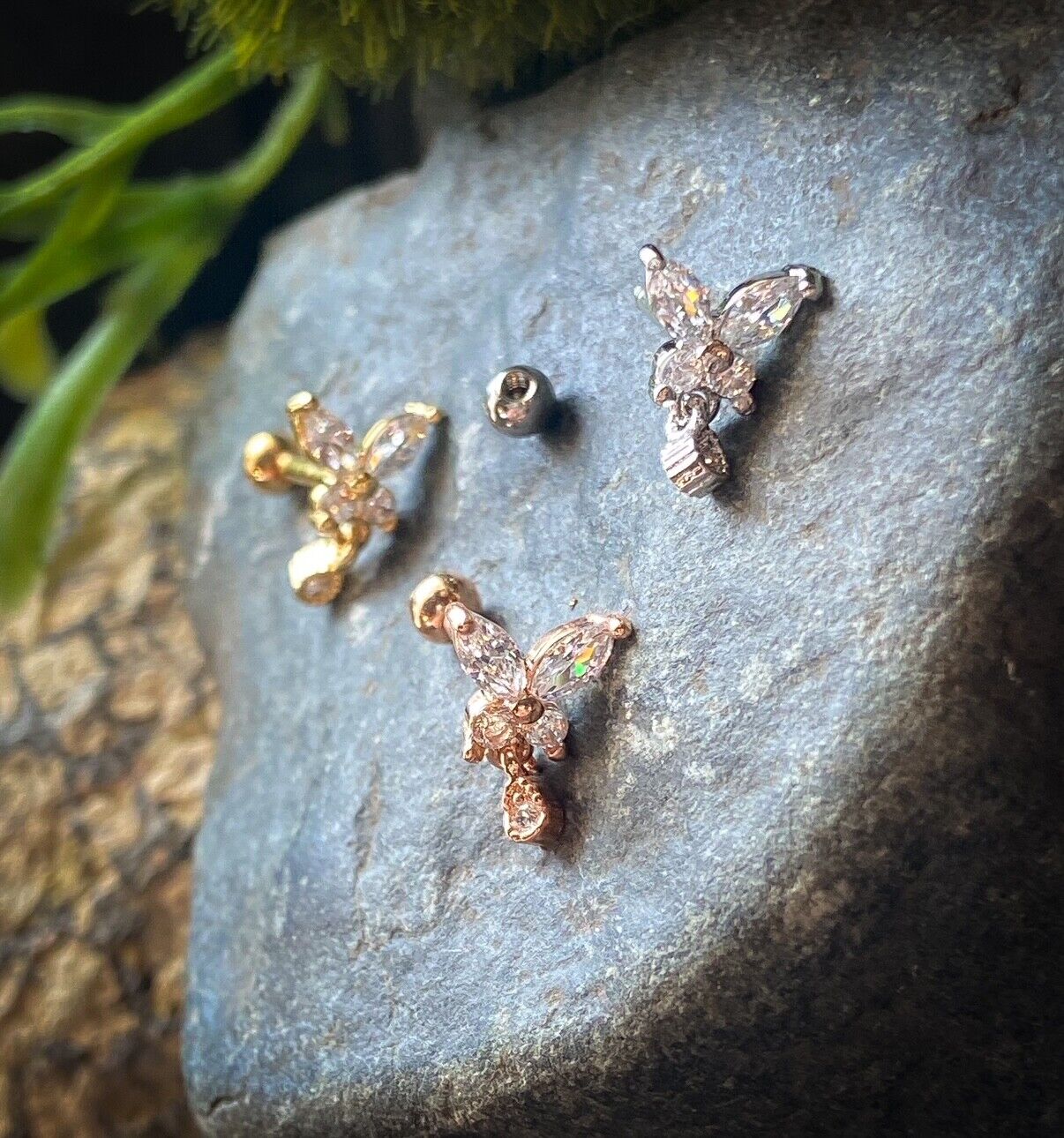 1pc CZ Gem Butterfly w/ Tear Drop Tragus Helix Cartilage Barbell Ring 16g 1/4"