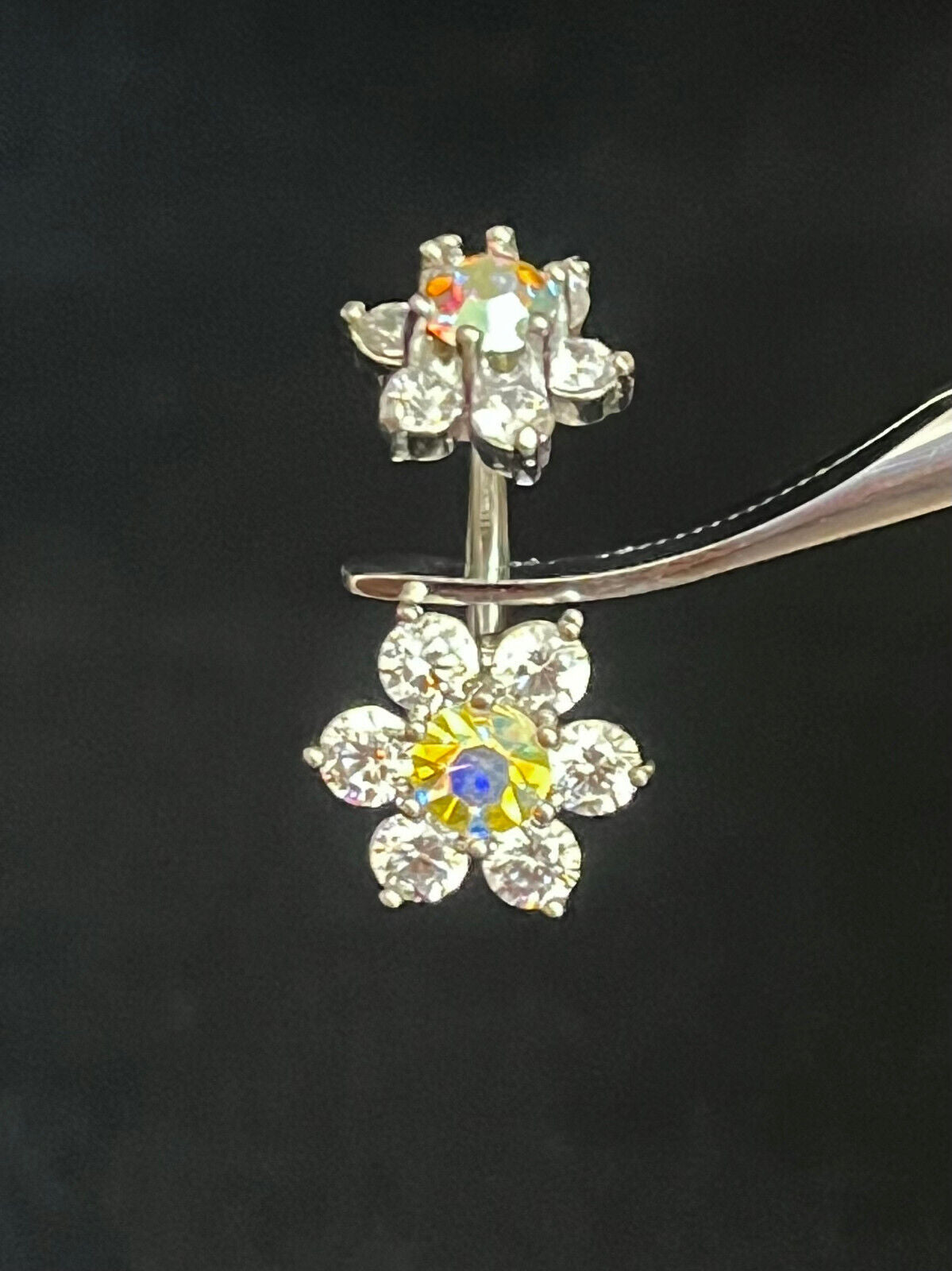 1pc Double 7 Gem Flower Internally Threaded Belly Ring Steel Navel Naval (Color: Clear/Aurora Borealis)