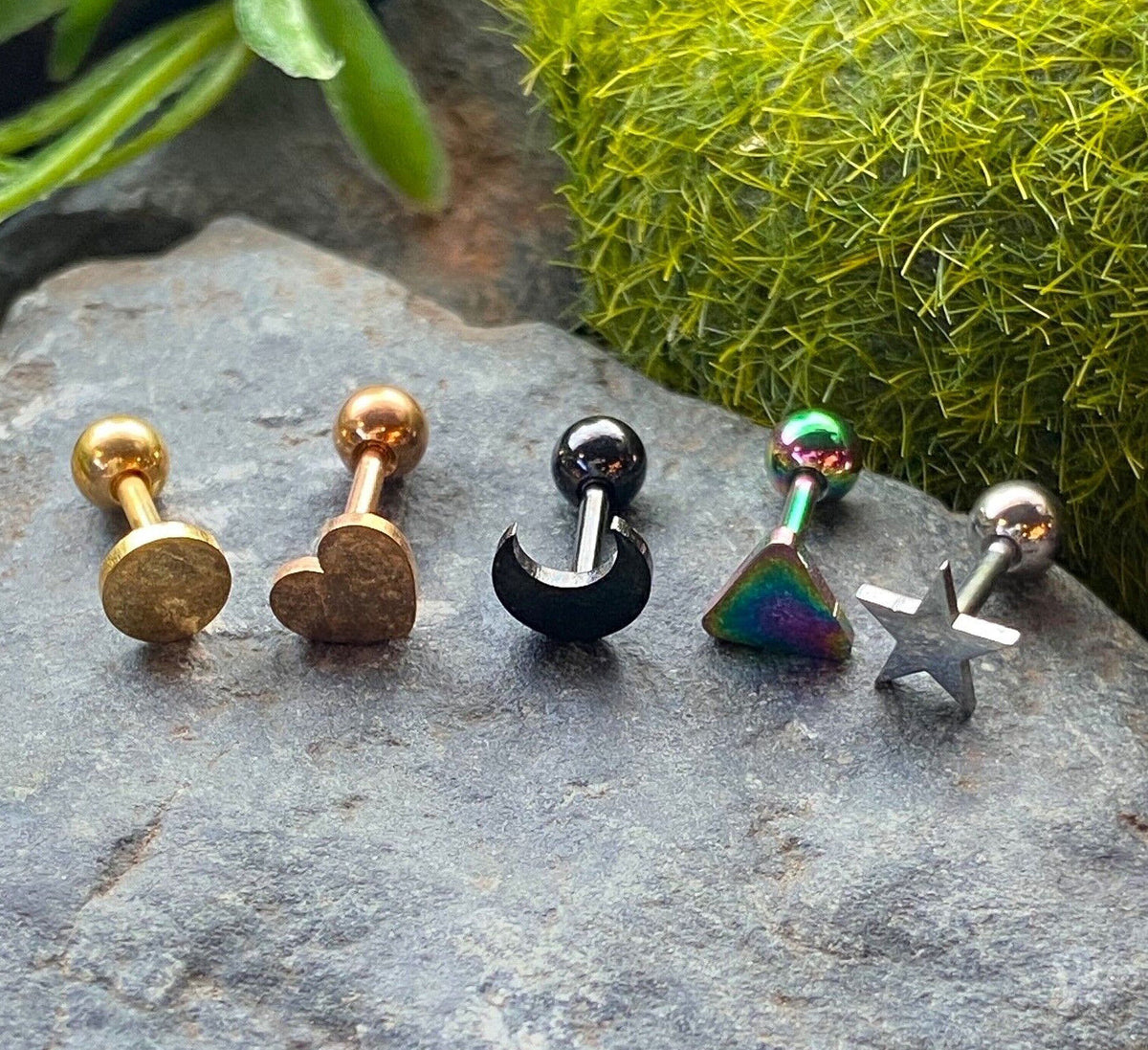 5pcs Shapes Tragus Rings Value Pack Cartilage Barbells Helix 16g Moon Star Heart