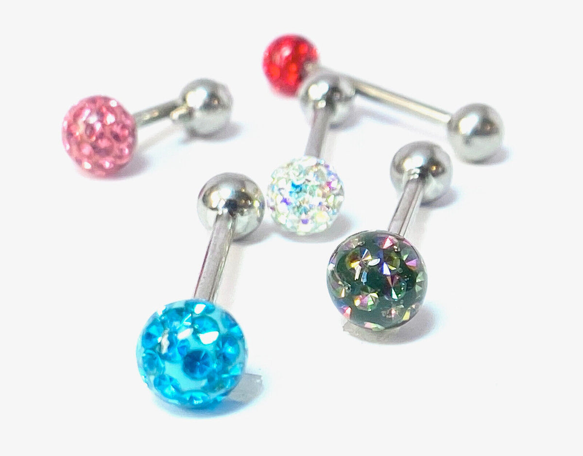 1pc Epoxy Coated Crystal Paved Ball Internally Threaded 16g Tongue Ring Barbell