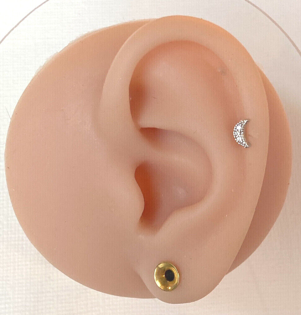 1pc CZ Crescent Moon 16g Internally Threaded 1/4" or 5/16" Steel Labret Monroe