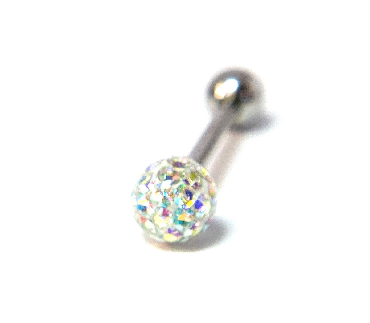 1pc Epoxy Coated Crystal Paved Ball Internally Threaded 16g Tongue Ring Barbell (Color: Aurora Borealis)