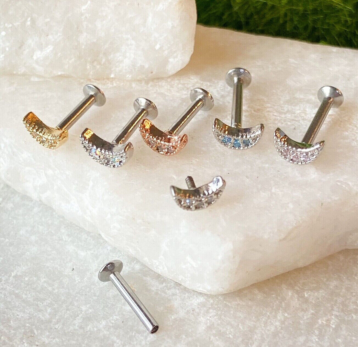 1pc CZ Crescent Moon 16g Internally Threaded 1/4" or 5/16" Steel Labret Monroe