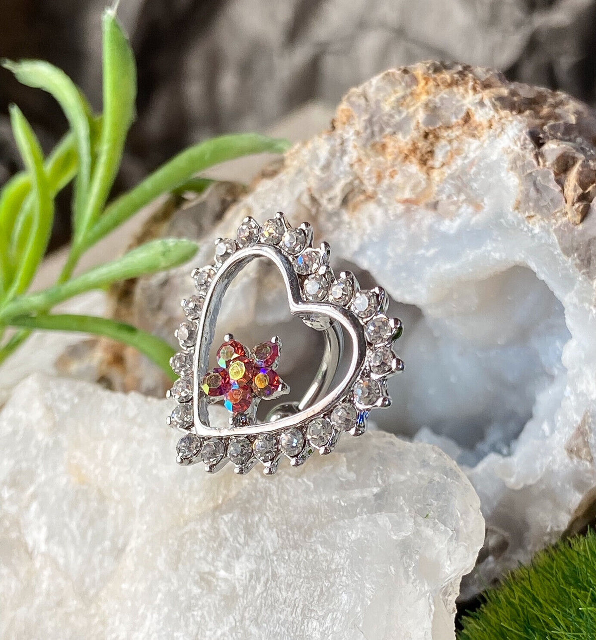 Reverse Heart Flower CLEAR Gem Belly Ring Navel Piercing Pierced Naval Jewelry