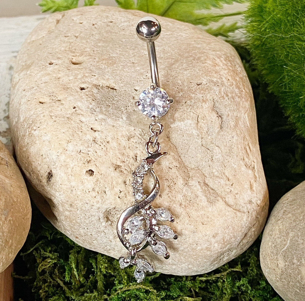 1pc Vine Dangle CZ Gem Belly Ring Navel Piercing Naval 14g 316L Surgical Steel (Color: Clear)