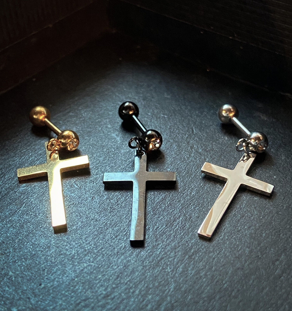 1pc Cross Dangle Tragus Stud Helix Cartilage Ring 16g 1/4"- choose your color