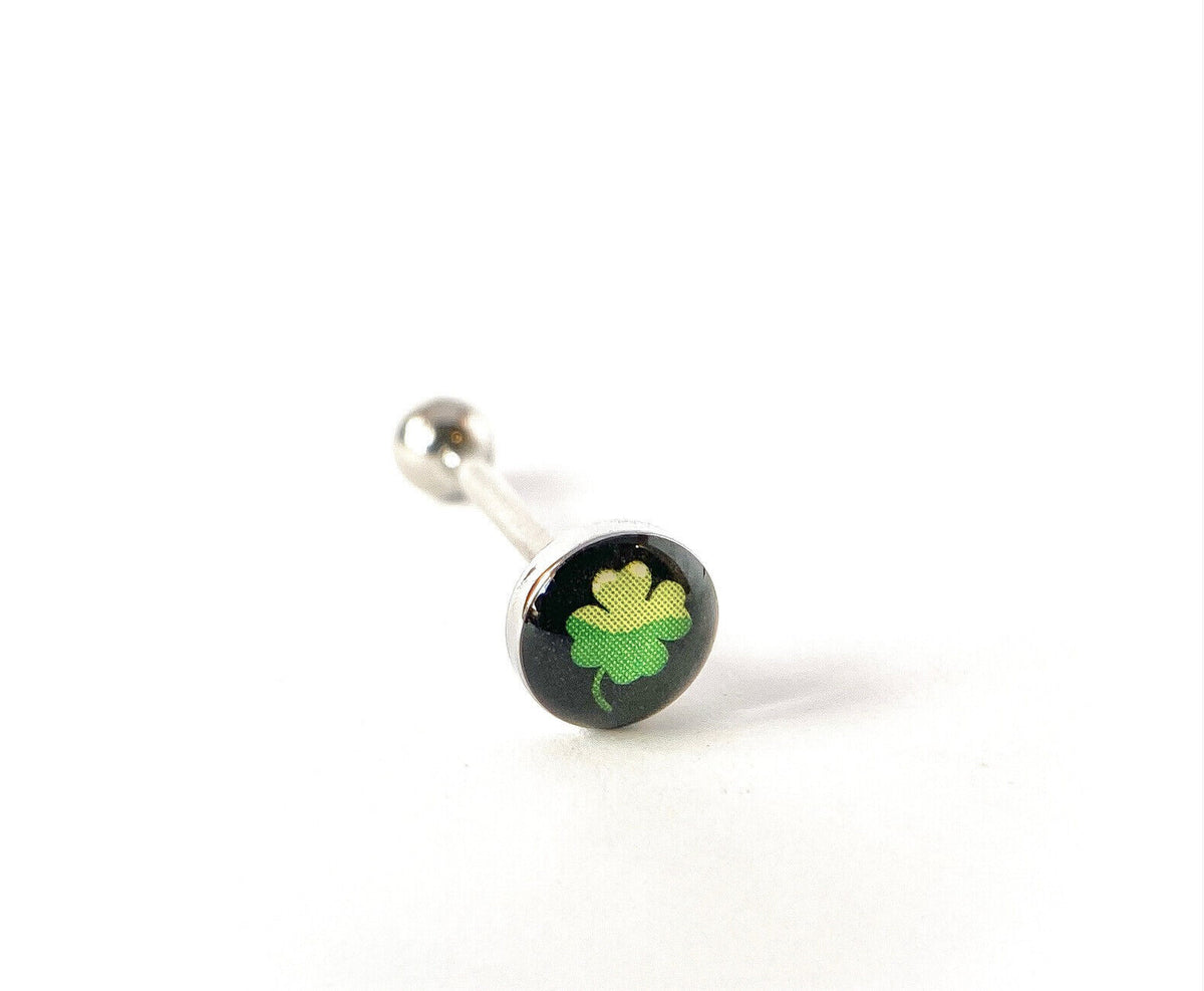 1pc Dome Logo Tongue Ring - choose from Adult Sayings, Sex, Bad Words +more! (Logo Style: Four Leaf Clover Shamrock)