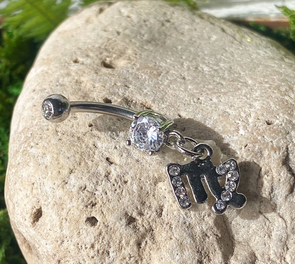 Zodiac Sign Paved CZ Gem Belly Ring Pierced Navel Astrology 14g Surgical Steel  (Sign: Virgo)