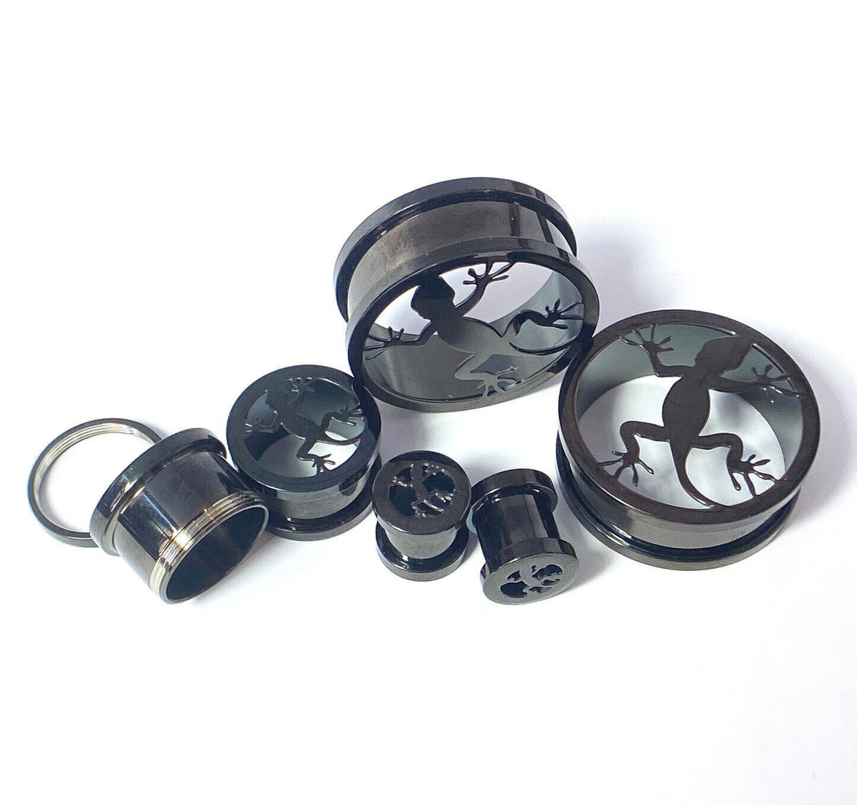 Lizard Plug PAIR Black Lizard Steel Screw Fit Tunnels Plugs Earlet Gauges Gecko Bo ...