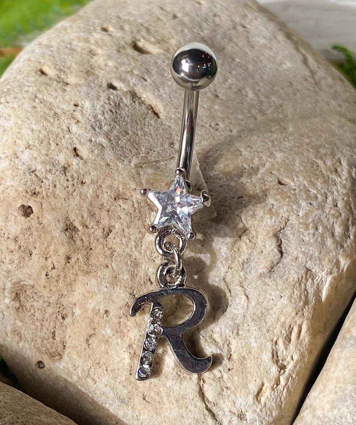 1pc Initial "Metro" Clear Gem Belly Ring Navel Pierced Naval Piercing Letter (Initial: R)