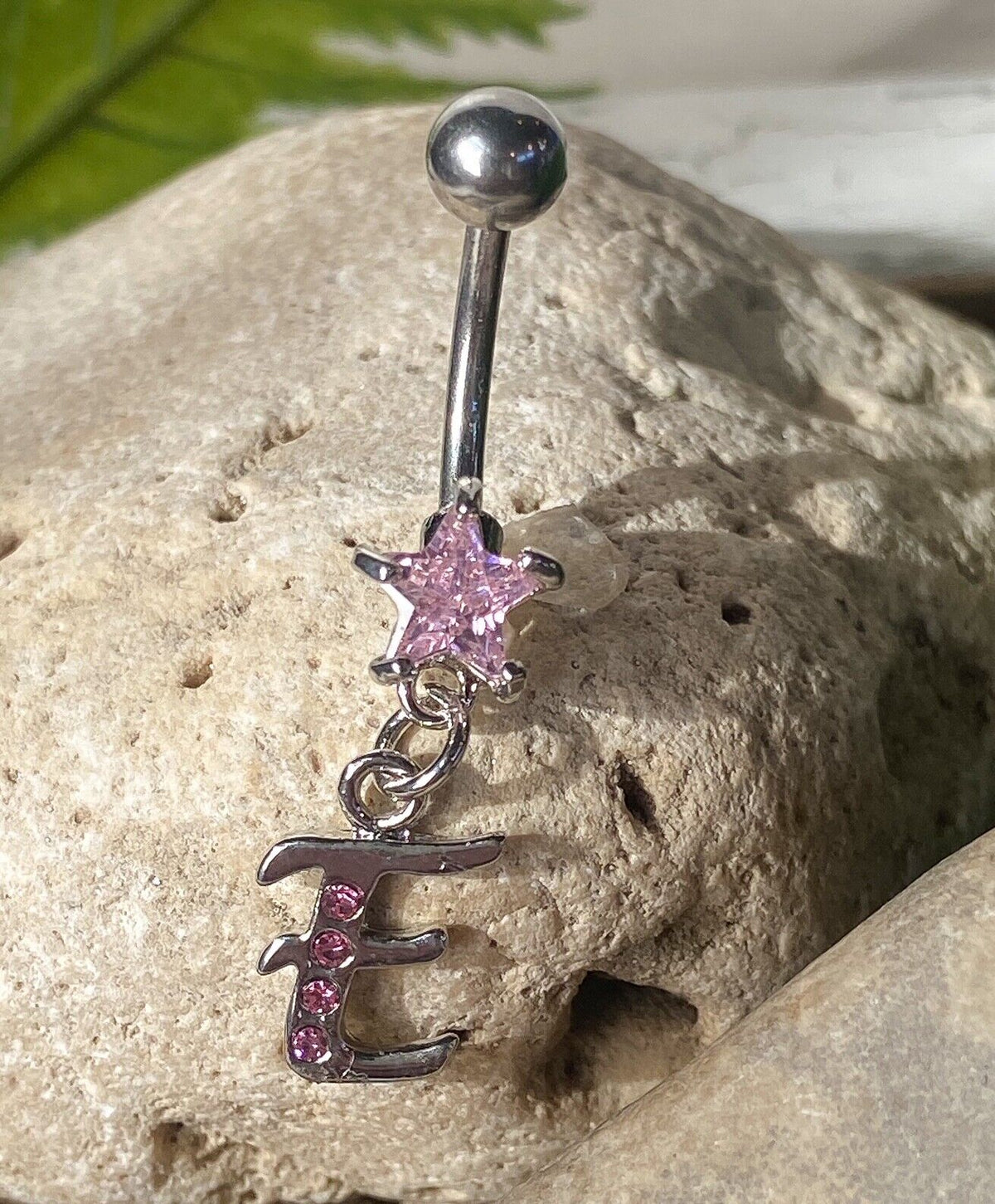 1pc Initial Belly Ring "Metro" Style Pink Gems Navel Naval Letter Body Jewelry (Initial: E)
