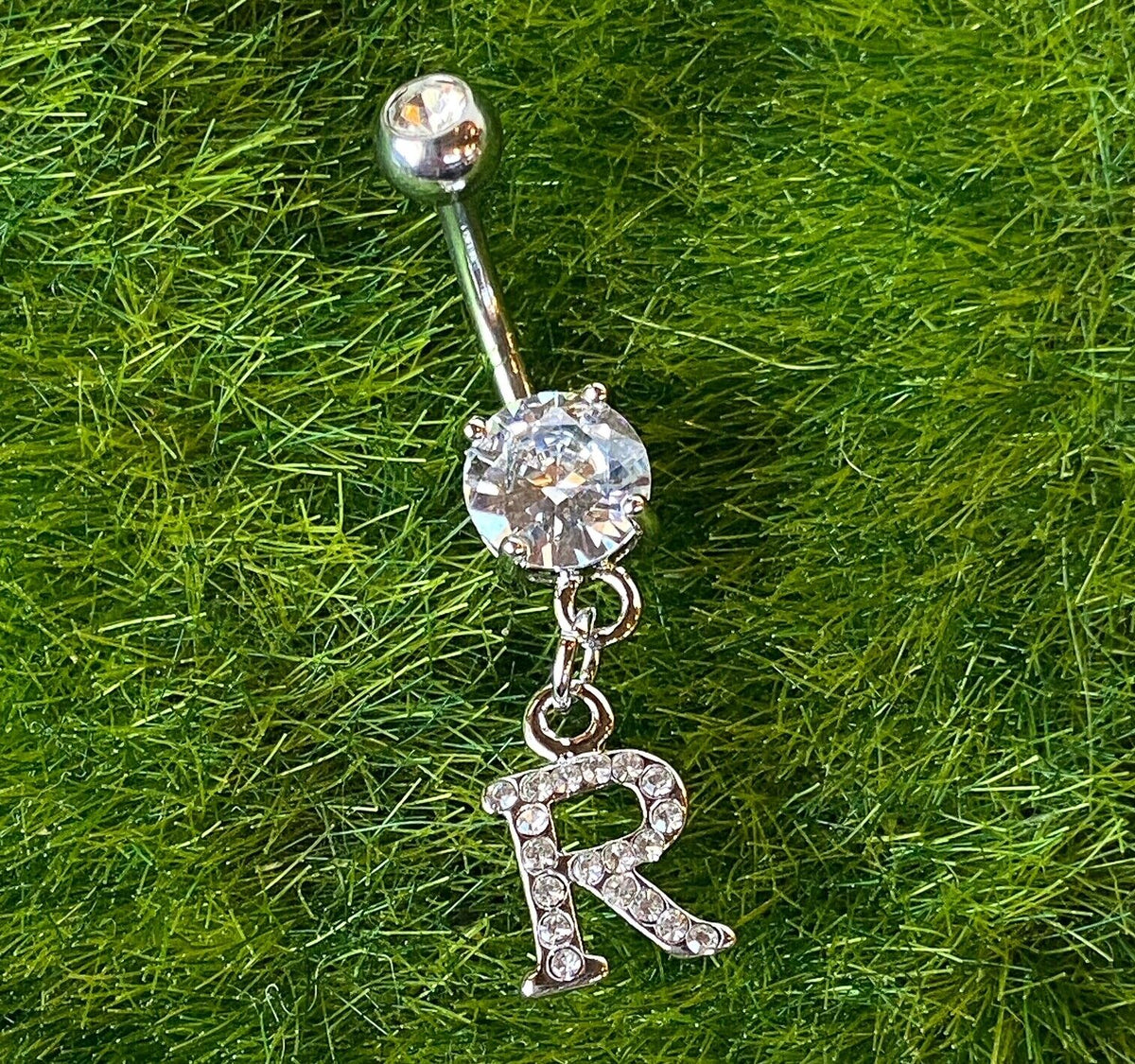 1pc Initial Clear Gem Belly Ring Navel Piercing Pierced Letter Naval Jewelry (Initial: R)