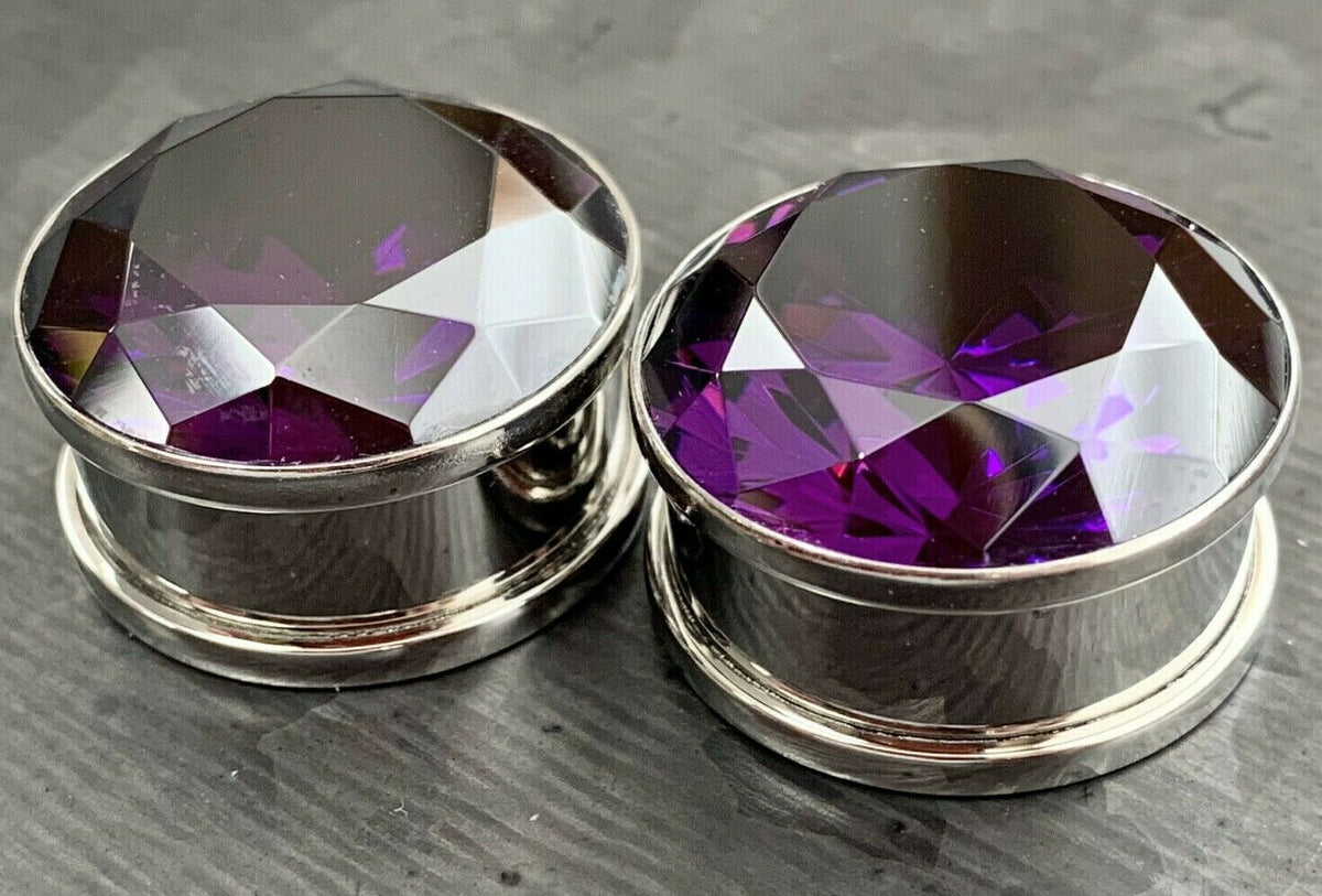 PAIR Large Purple Gem Screw Fit Tunnel Plugs Gauge Pierced Body Jewelry Piercing