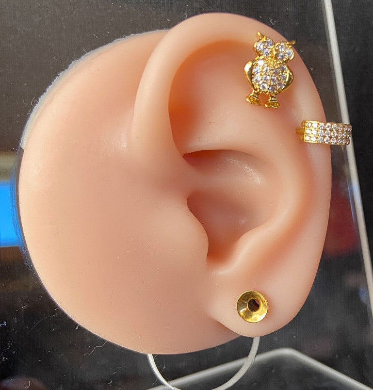 1pc CZ Gem Paved Owl Surgical Steel Tragus Cartilage Barbell Ring 16g 1/4"