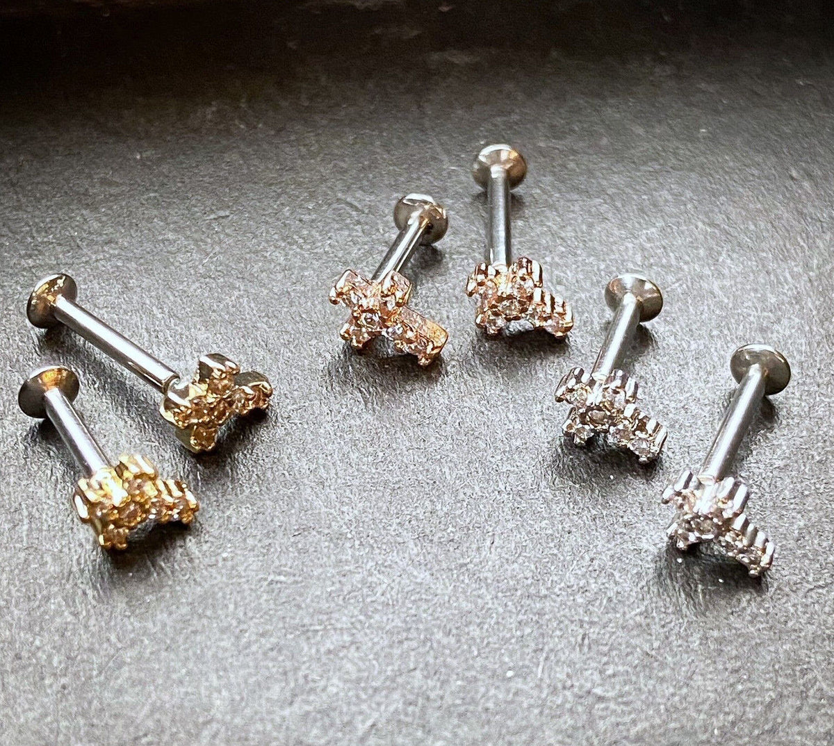 1pc CZ Gem Cross Top 16g Internally Threaded 1/4" or 5/16" Steel Labret Monroe