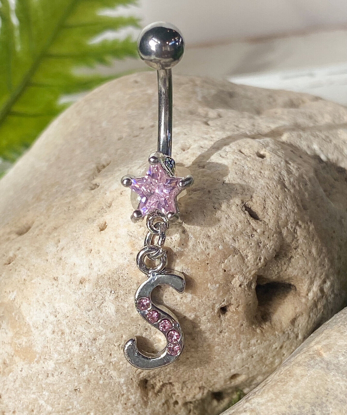1pc Initial Belly Ring "Metro" Style Pink Gems Navel Naval Letter Body Jewelry (Initial: S)