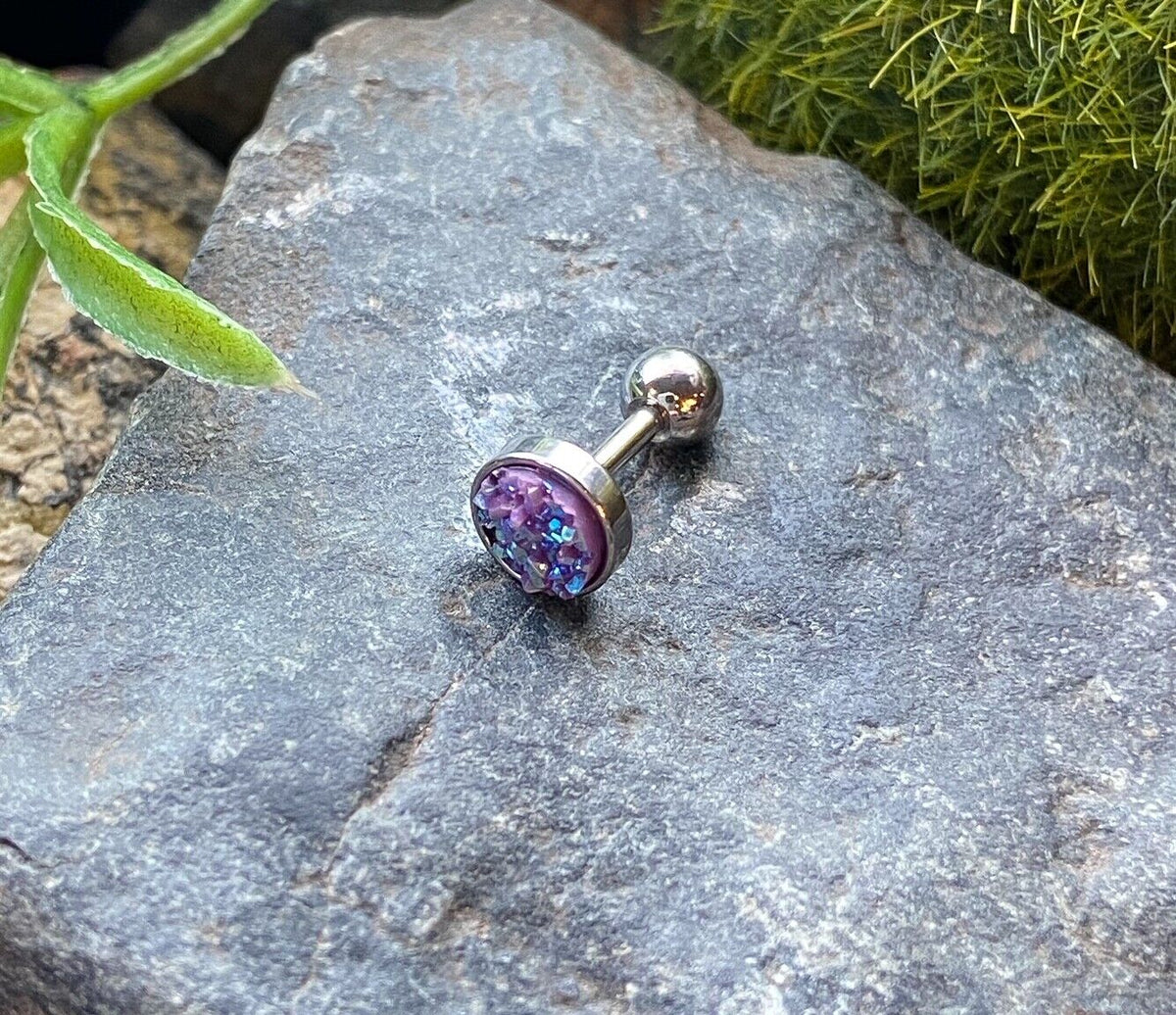 1pc Iridescent Druzy Stone Surgical Steel 16g Tragus Stud Ear Cartilage Ring (Color: Purple)