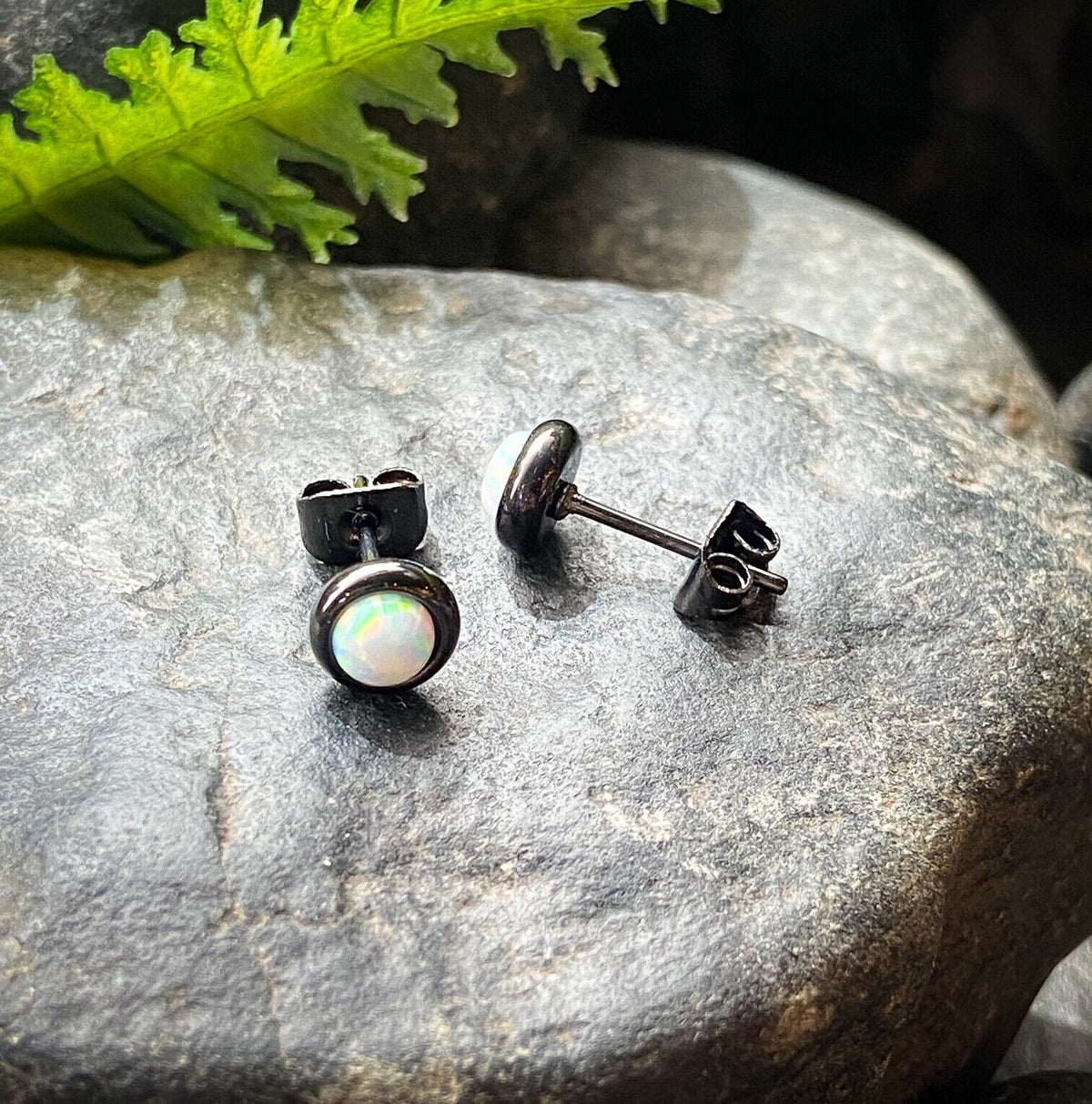 PAIR Bezel Set Opal 316L Surgical Steel Earrings - choose from 18 color combos! (Color: White / Black)