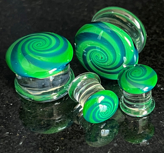 PAIR Blue & Green Hypnotic Swirl Glass Double Flare Plugs Tunnels Gauges