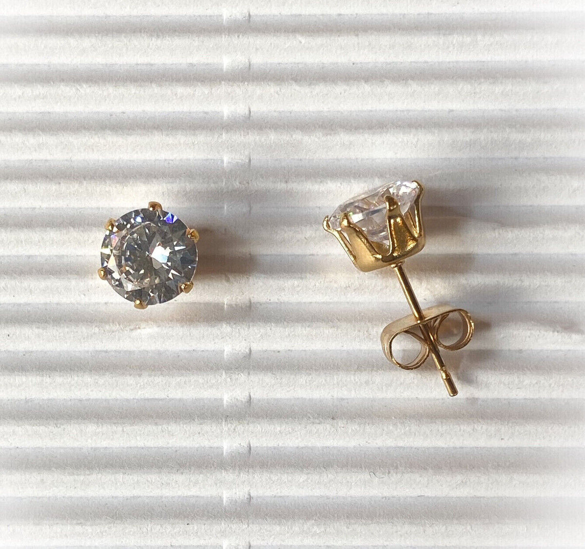 PAIR Gold Ion Plated Stud Earrings Prong Set Round Clear Gem 316L Surgical Steel