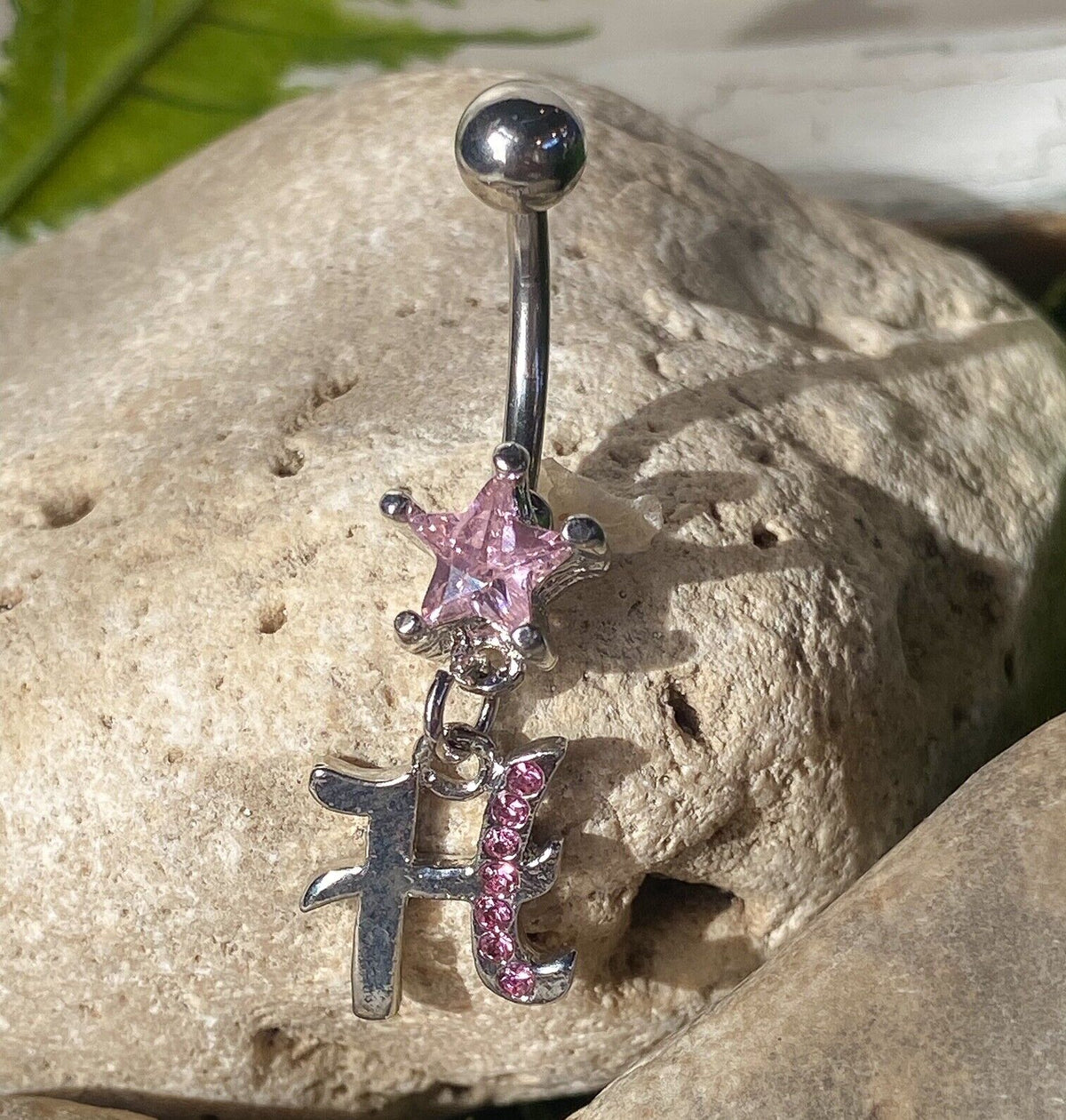 1pc Initial Belly Ring "Metro" Style Pink Gems Navel Naval Letter Body Jewelry (Initial: H)