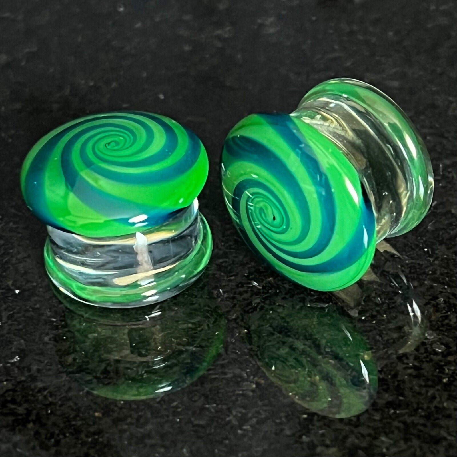 PAIR Blue & Green Hypnotic Swirl Glass Double Flare Plugs Tunnels Gauges