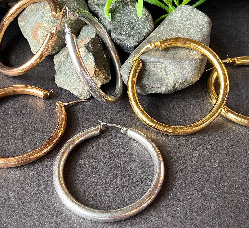 PAIR Thick Hollow Hoop Earrings 316L Stainless Steel 20g