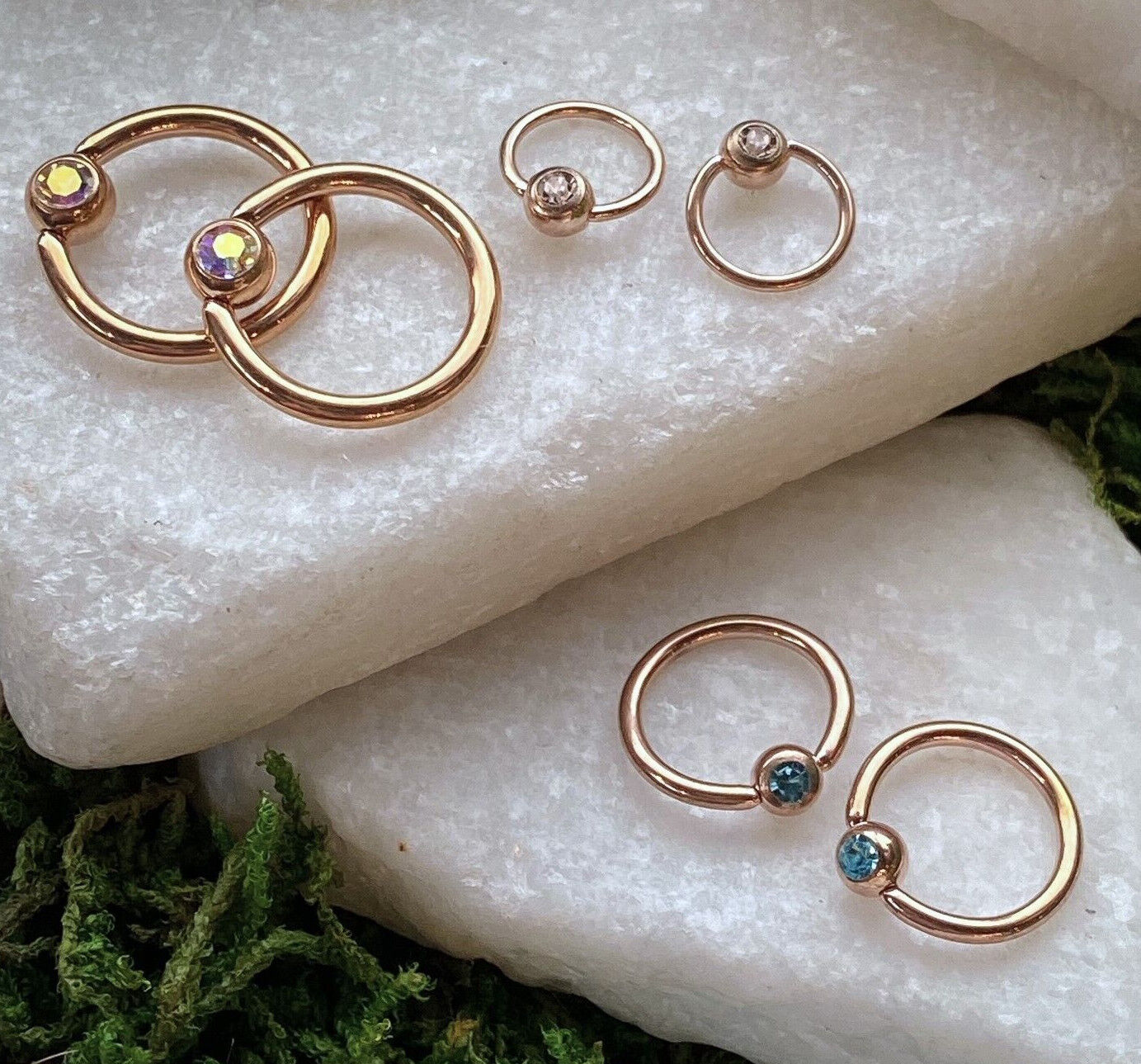 PAIR Rose Gold Gem Captive Bead Rings for Ears, Eyebrow, Septum, Nipples, etc