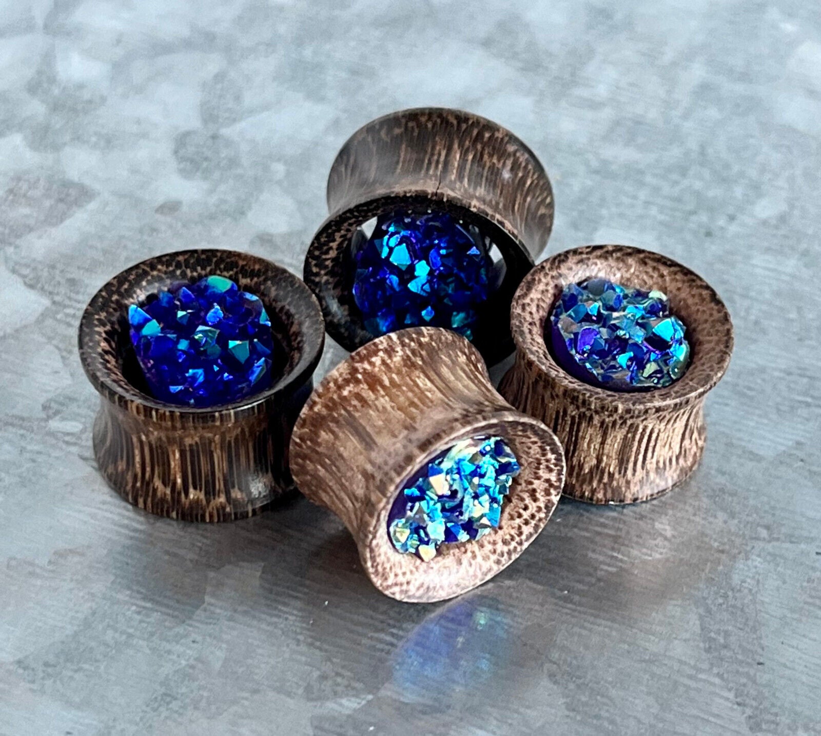 PAIR Synthetic Rough Druzy Stone Coconut Wood Tunnels Plugs Gauges Body Jewelry (Color: Purple)