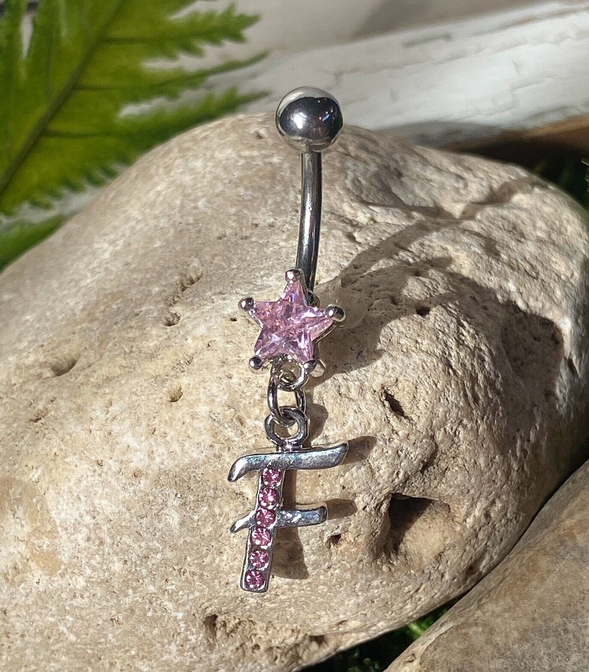 1pc Initial Belly Ring "Metro" Style Pink Gems Navel Naval Letter Body Jewelry (Initial: F)