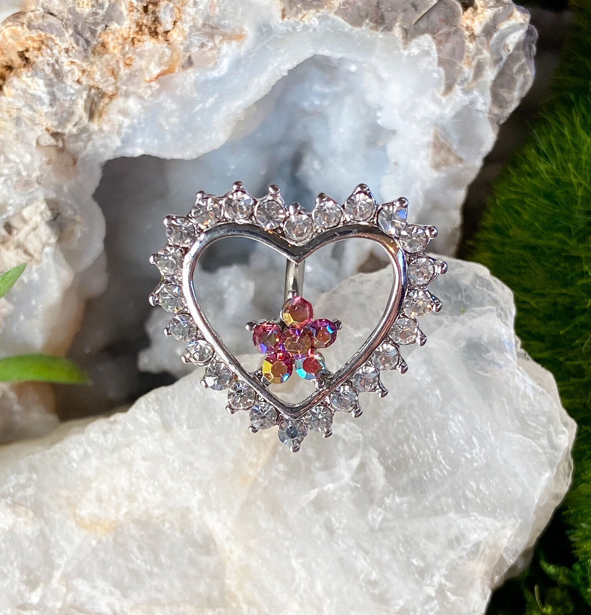 Reverse Heart Flower CLEAR Gem Belly Ring Navel Piercing Pierced Naval Jewelry