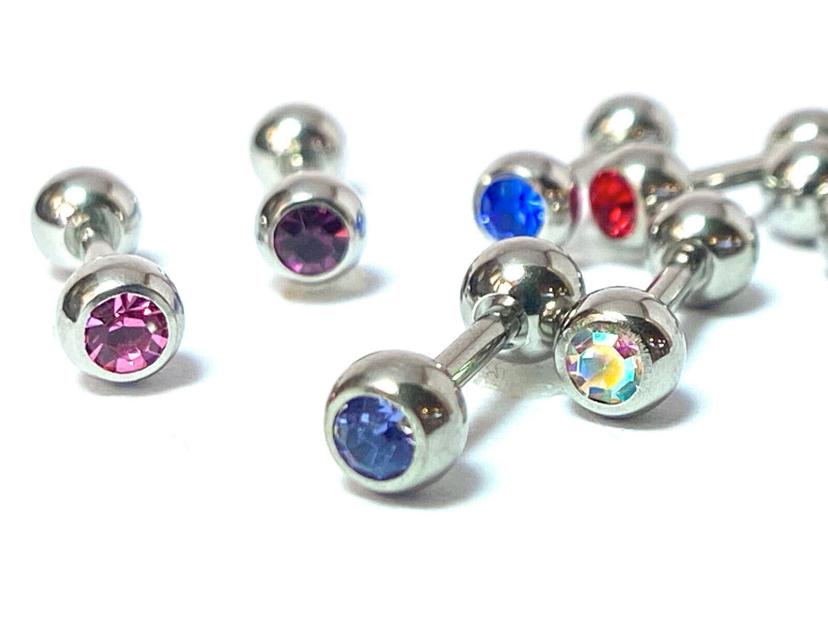 1pc Press-Fit Gem 316L Surgical Steel Barbell Tragus Stud Ring 16g 1/4" (6mm)