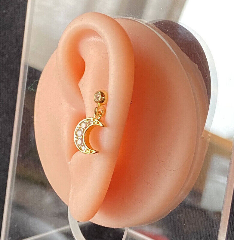1pc CZ Gem Moon Dangle Surgical Steel Tragus Cartilage Barbell Ring 16g 1/4