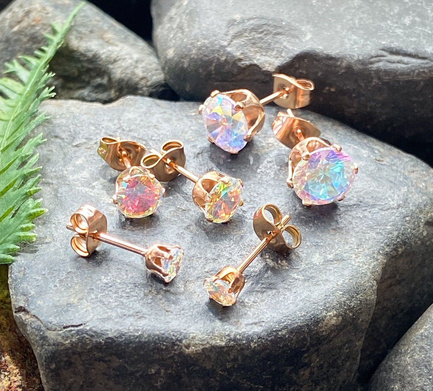 PAIR Rose Gold Ion Plated Steel Aurora Borealis or Clear CZ Gem Stud Earrings (Color: Aurora Borealis)