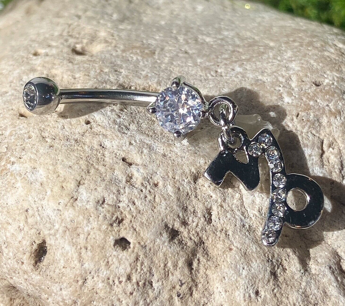 Zodiac Sign Paved CZ Gem Belly Ring Pierced Navel Astrology 14g Surgical Steel  (Sign: Capricorn)
