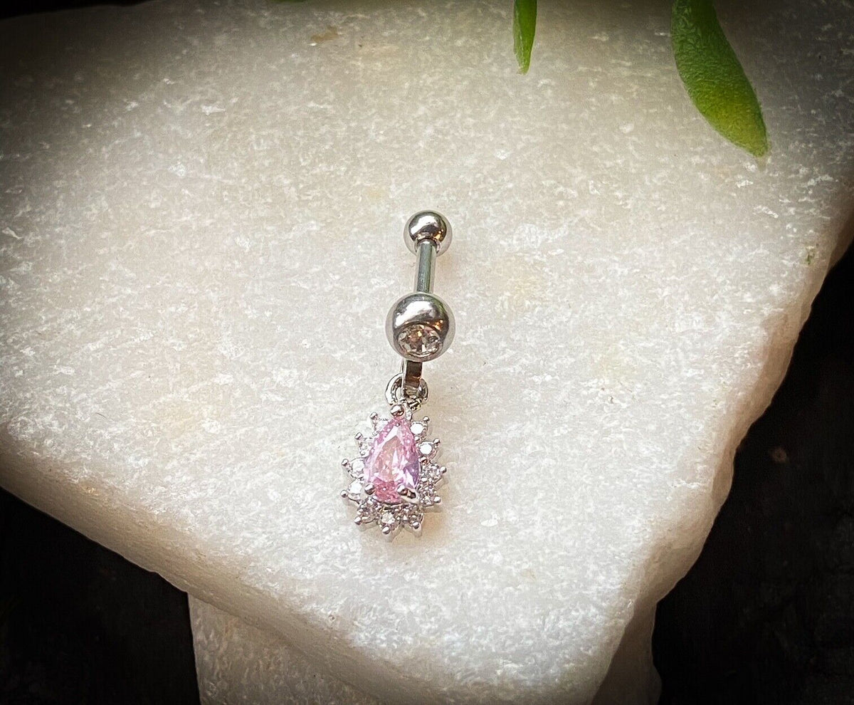 1pc CZ Gem Pear Dangle Surgical Steel Tragus Cartilage Barbell Ring 16g 1/4 (Color: Pink)