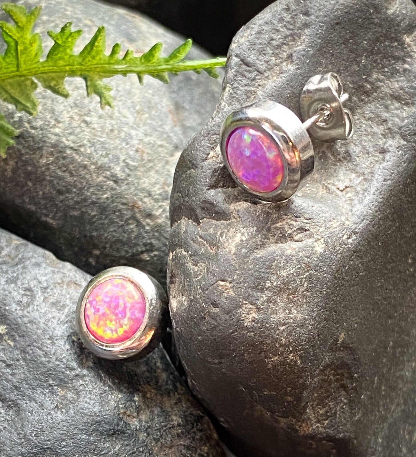 PAIR Large 6mm Opal in 9mm Bezel Setting 316L Stainless Steel Earrings (Color: Pink)