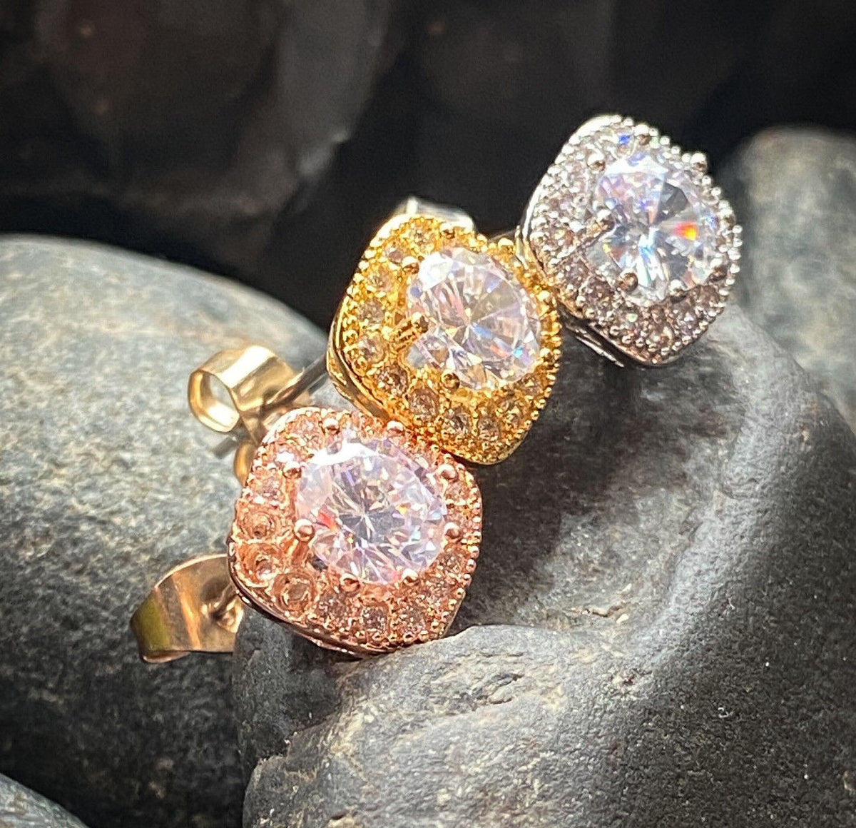 PAIR of Large Round CZ Centered Square 316L Surgical Steel 20g Earrings
