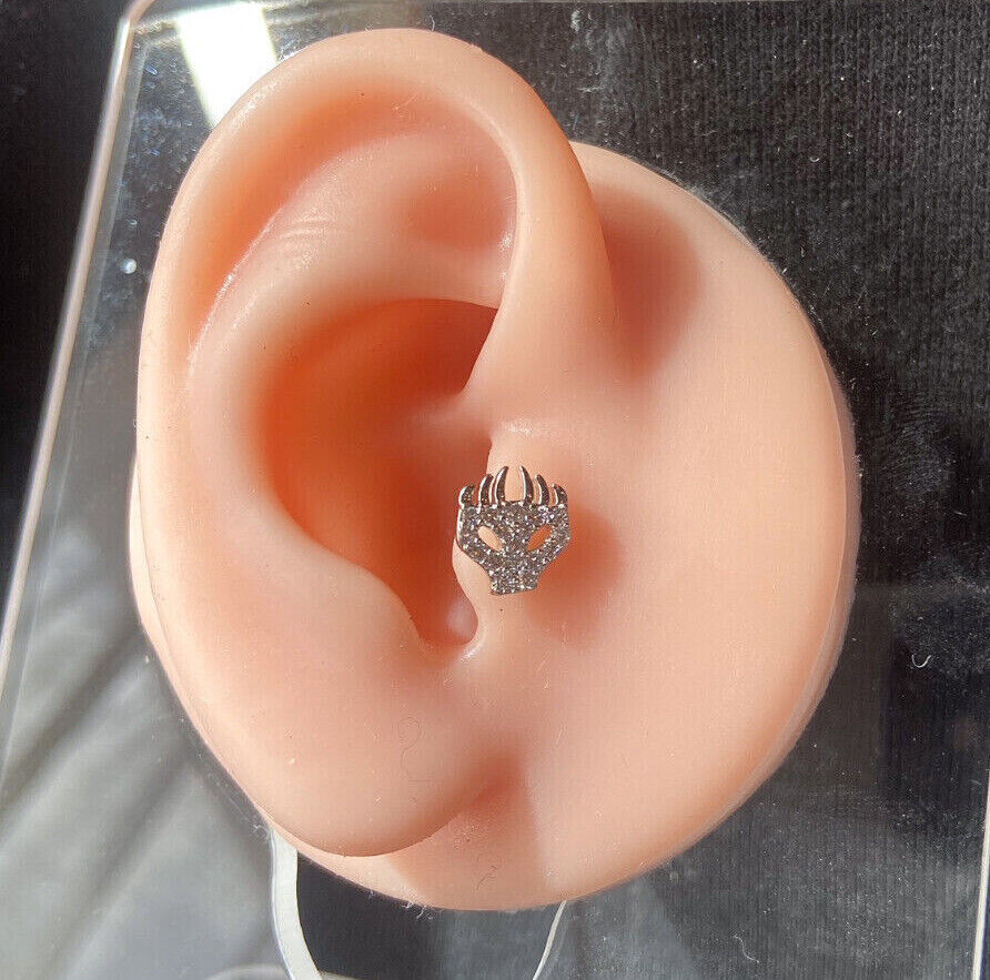 1pc CZ Gem Paved Flaming Skull Tragus Helix Cartilage Barbell Ring 16g 1/4"