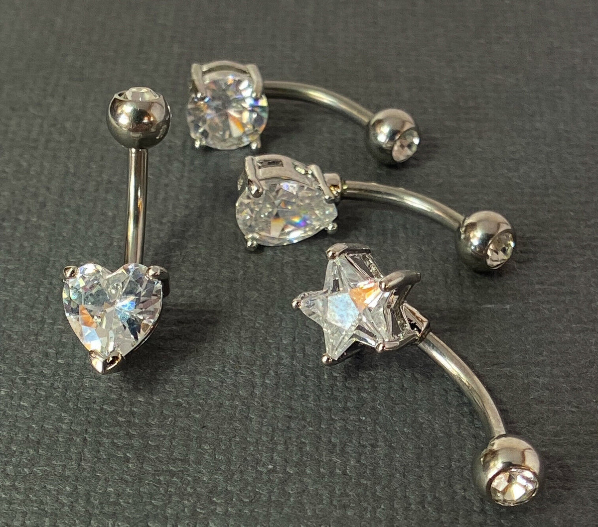 4pc Value Pack Heart, Round, Star, Tear Drop CZ Gem Belly Rings Navel Naval (Color: Silver)