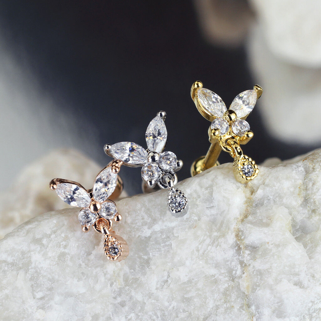 1pc CZ Gem Butterfly w/ Tear Drop Tragus Helix Cartilage Barbell Ring 16g 1/4"