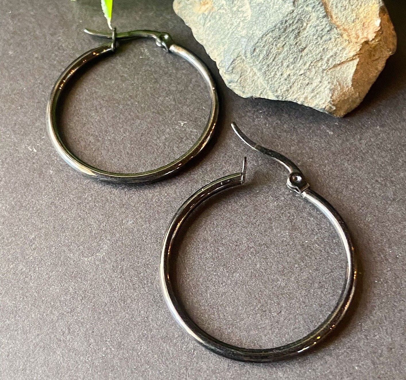 PAIR of Round Hoop Earrings 22g Black Ion Plated Stainless Steel