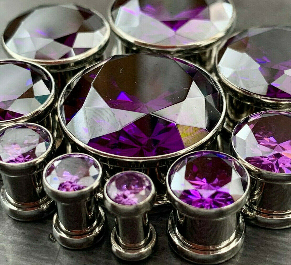 PAIR Large Purple Gem Screw Fit Tunnel Plugs Gauge Pierced Body Jewelry Piercing