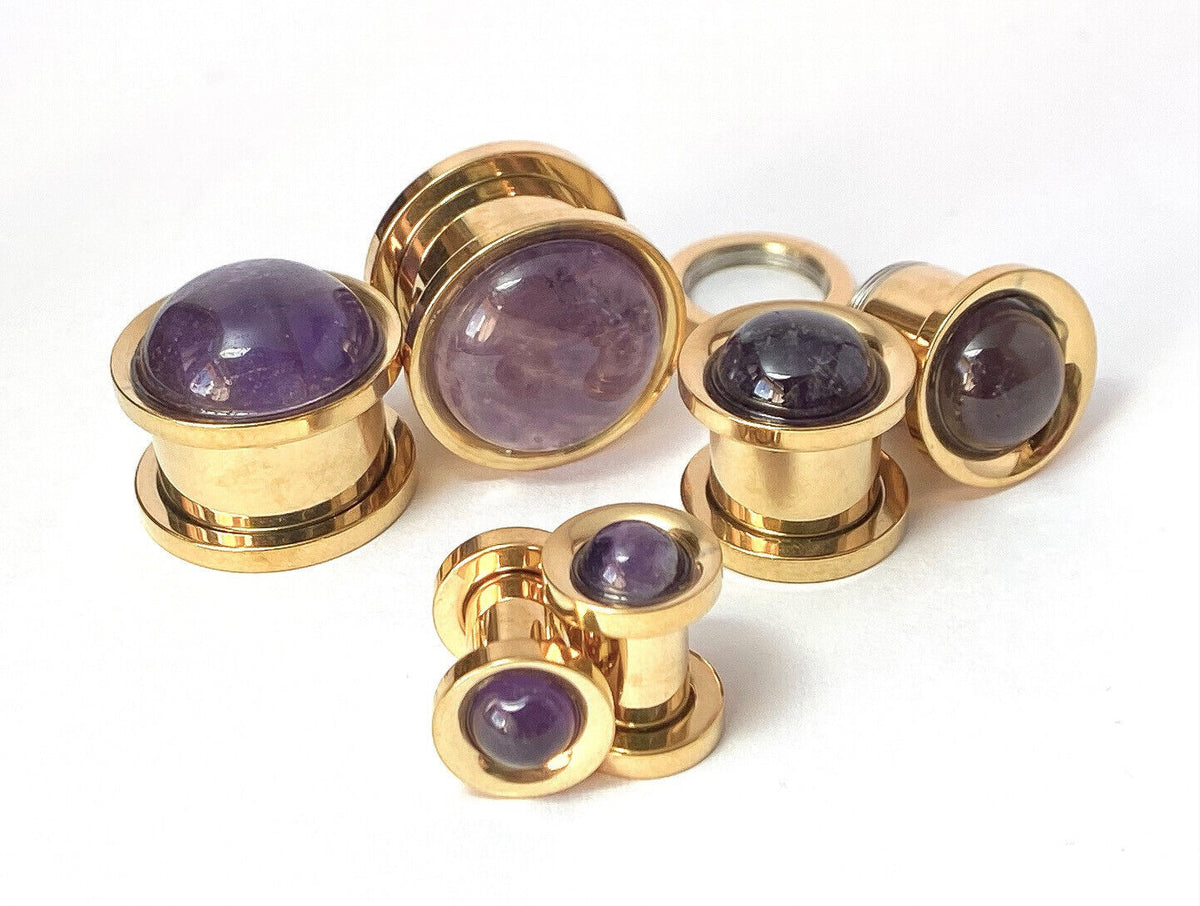 PAIR Amethyst Stone Dome Gold Steel Screw Fit Tunnels Gauge Amythest Plugs