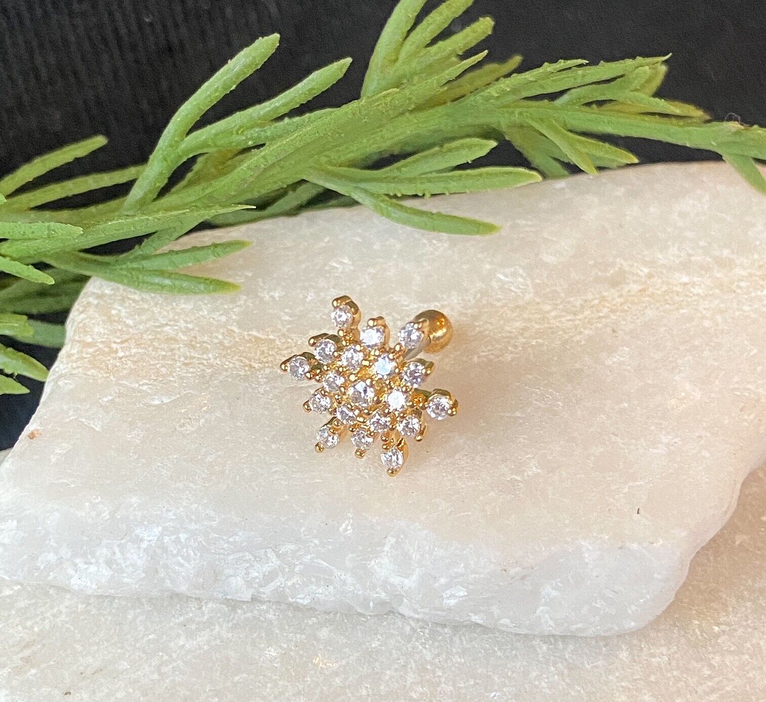 1pc CZ Gem Paved Snowflake Snow Flake Tragus Cartilage Barbell Ring 16g 1/4" (Color: Gold)