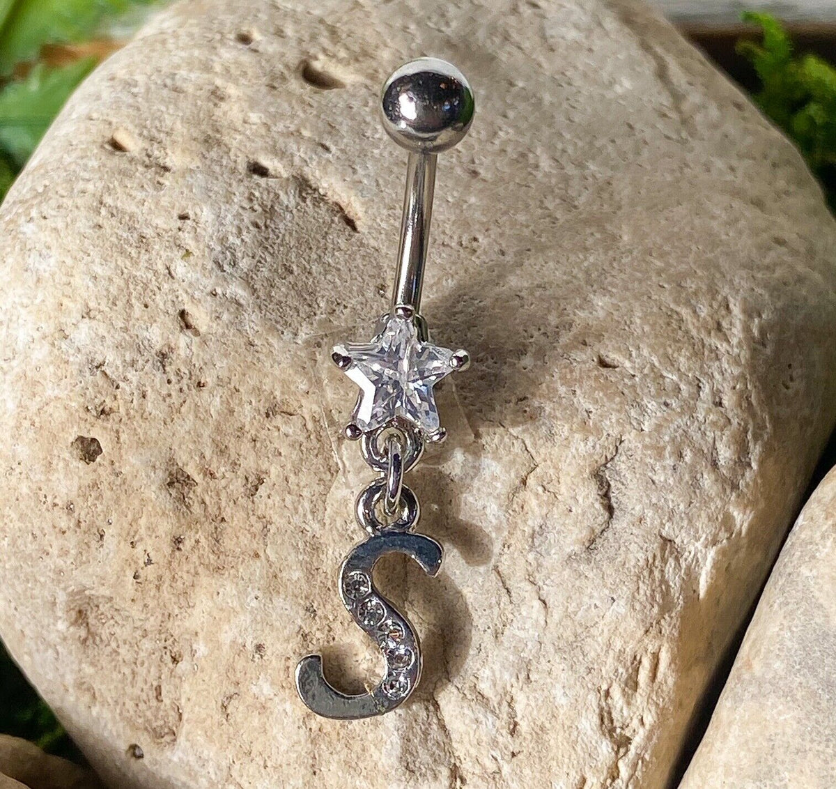 1pc Initial "Metro" Clear Gem Belly Ring Navel Pierced Naval Piercing Letter (Initial: S)