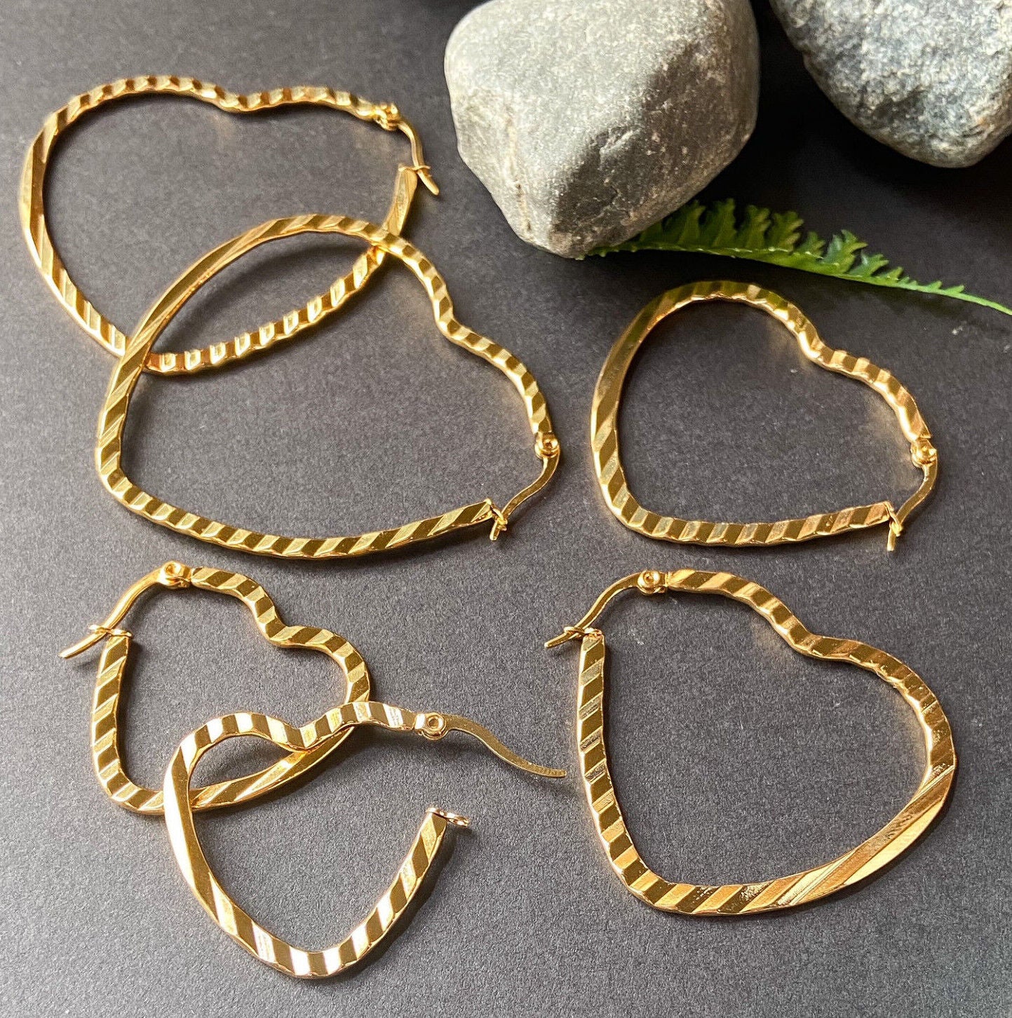 PAIR of Wave Pattern Heart Hoop Earrings 22g Gold Ion Plated Stainless Steel